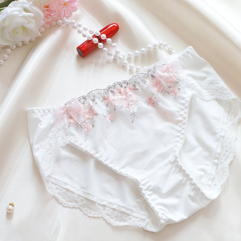 Sweet Style Mid-Waist Floral Embroidered Milk Silk Lace Panties - Image 3