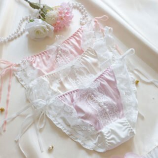 Romantic lace milk silk low-rise panties with ribbon bows in champagne pink and lavender