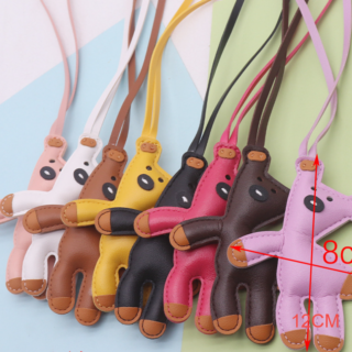 Colorful leather bear bag charms in brown black pink yellow red white and green