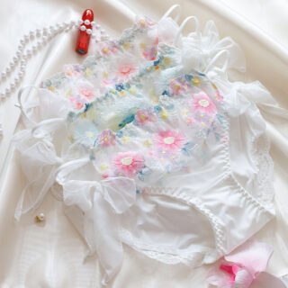 Light pink ice silk panties with floral embroidery and tie-side details