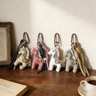 Embroidered fabric pony charm in pink, green, coffee and white