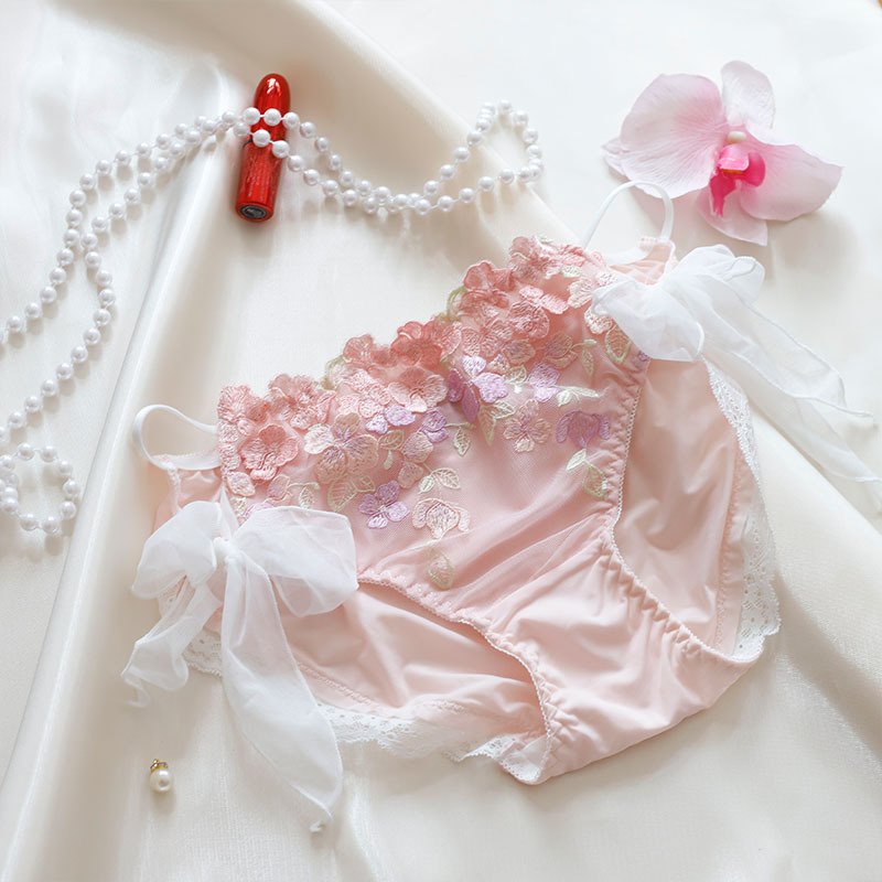 Sweet Style Floral Embroidery Ice Silk Tie-Side Panties - Image 3