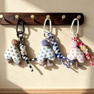 Cute fabric heart bag charm in blue, pink and gray
