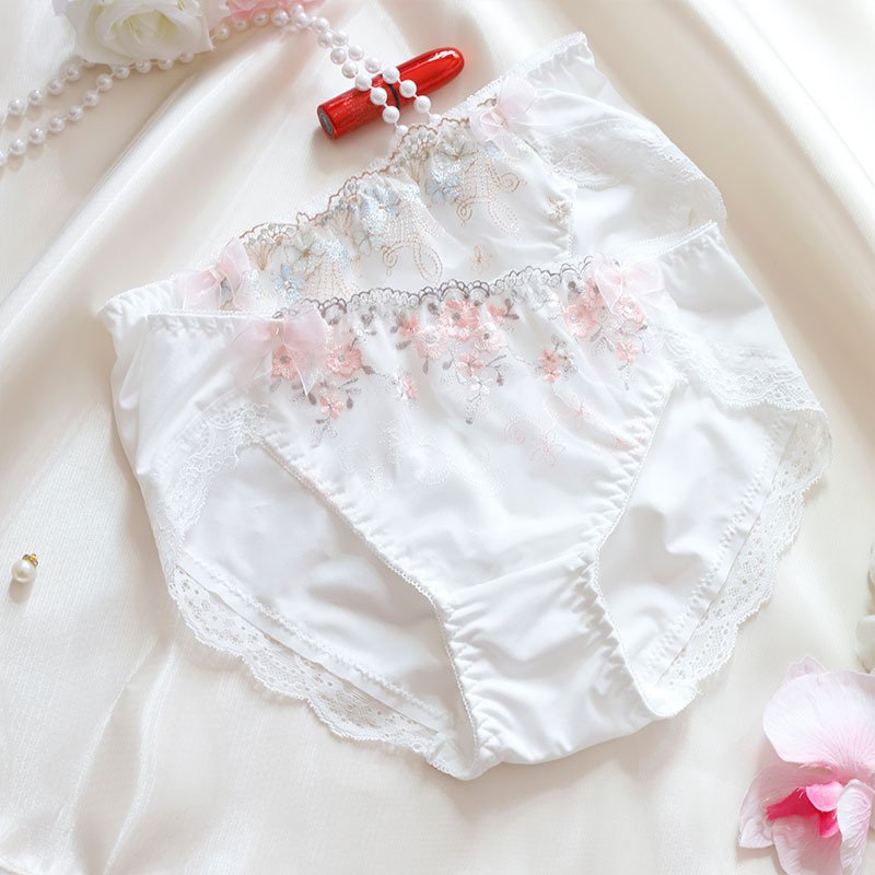 White floral embroidered lace panties with pink bow