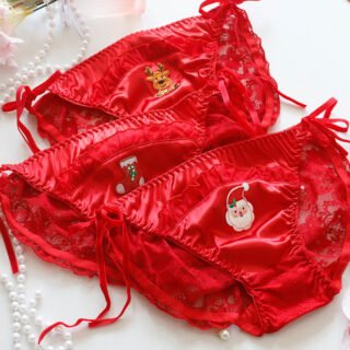 Christmas red satin embroidered lace panties