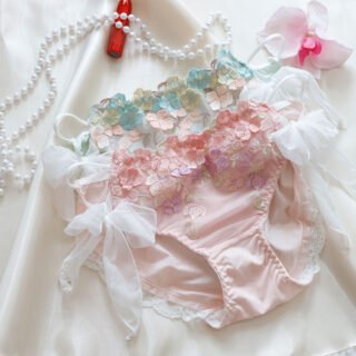 Pink ice silk panties with floral embroidery, lace trim and tie-side bows