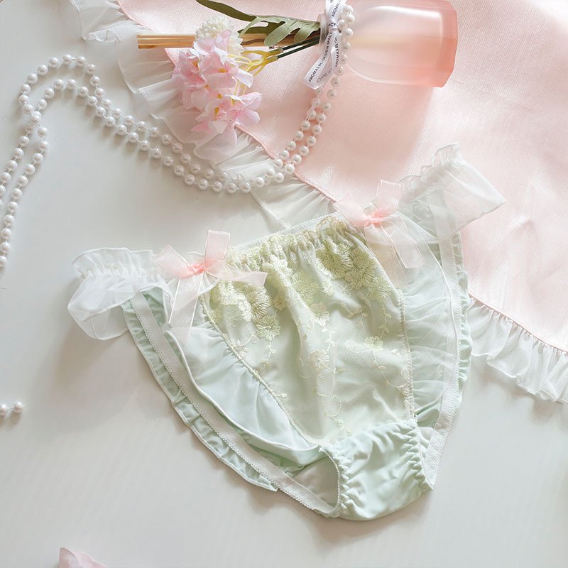 Low-Rise Embroidered Ice Silk Panties – Ruffle Trim Briefs for Women - Image 2